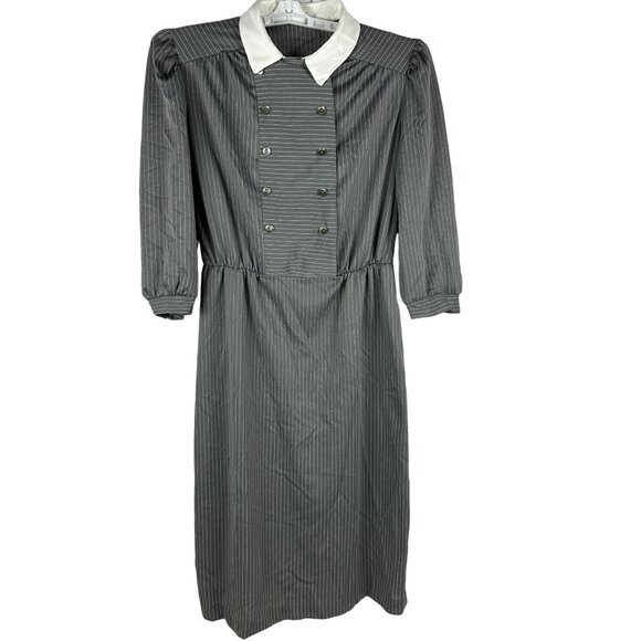 Vintage Gray Striped Long Sleeve Dress Size 14 Button Front White Collar - Picture 1 of 4
